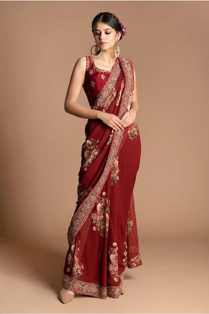 Red Viscose Georgette U Neck Pre-draped Saree With Blouse