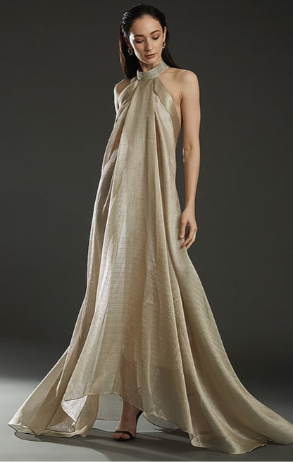 Champagne Striped Fabric Halter Dress