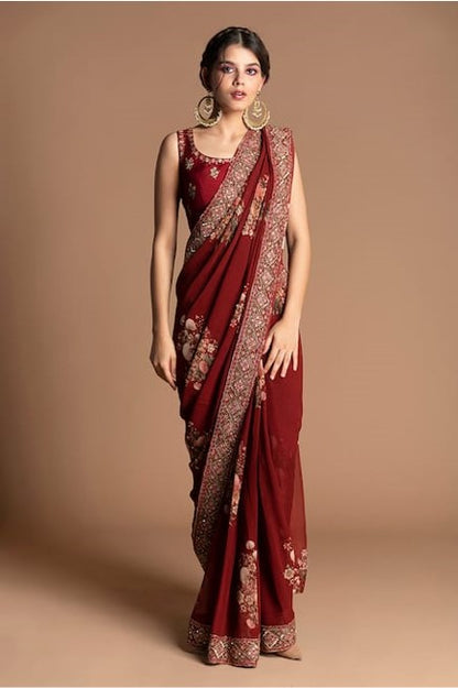 Red Viscose Georgette U Neck Pre-draped Saree With Blouse