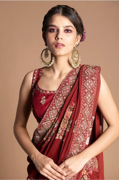 Red Viscose Georgette U Neck Pre-draped Saree With Blouse