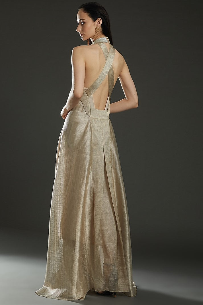 Champagne Striped Fabric Halter Dress