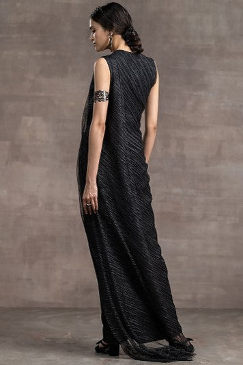 Black Crinkle Tulle & Sheer Draped Dress