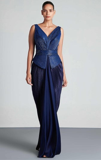 Ink Blue Hand Embroidered Draped Peplum Gown