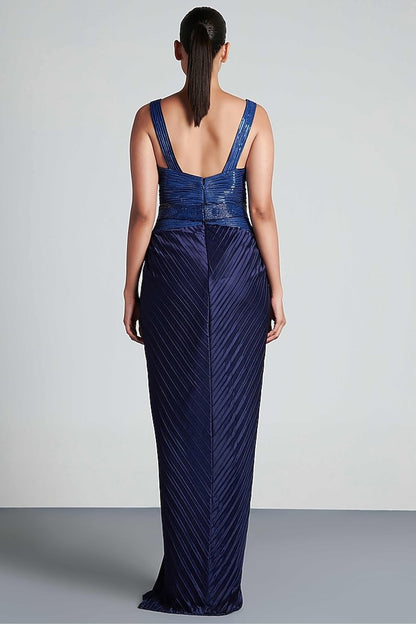 Ink Blue Hand Embroidered Draped Peplum Gown