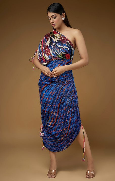 Blue Cotton Silk Abstract Printed Pleated Dress