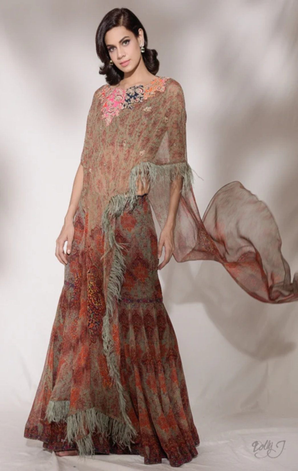 "Janette" Printed Chiffon Cape And Sharara Set