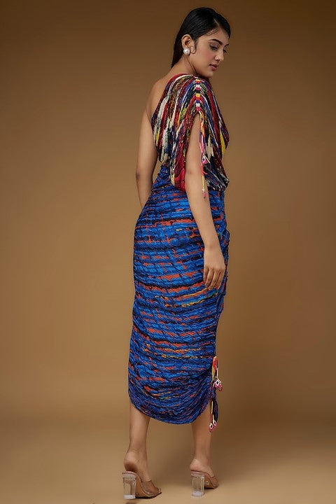 Blue Cotton Silk Abstract Printed Pleated Dress