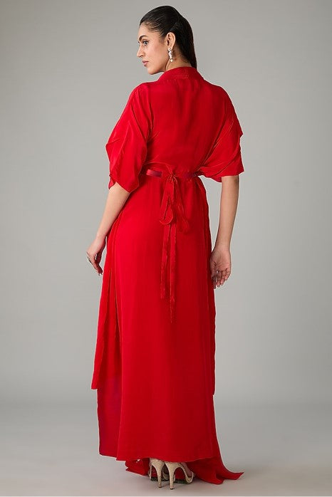 Red Metallic Polymer & Crepe Chiffon Gown