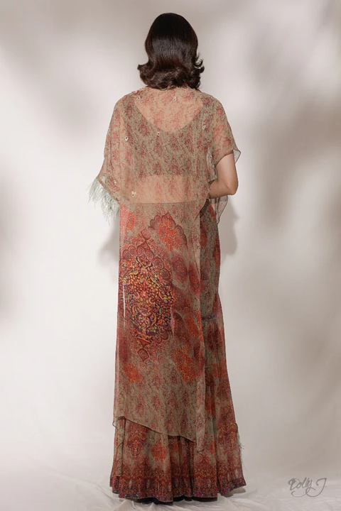 "Janette" Printed Chiffon Cape And Sharara Set