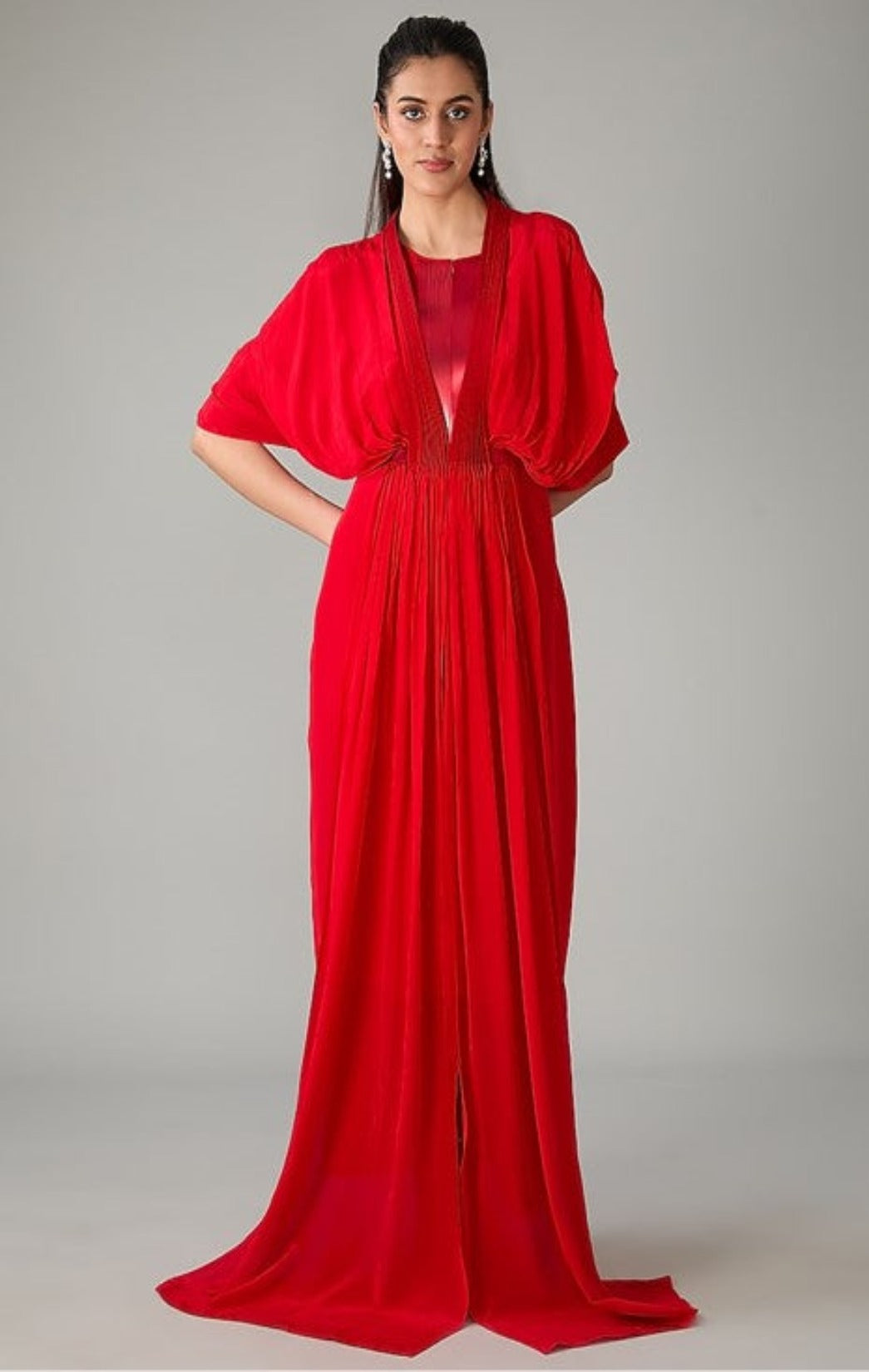 Red Metallic Polymer & Crepe Chiffon Gown