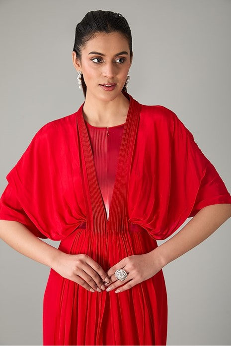 Red Metallic Polymer & Crepe Chiffon Gown