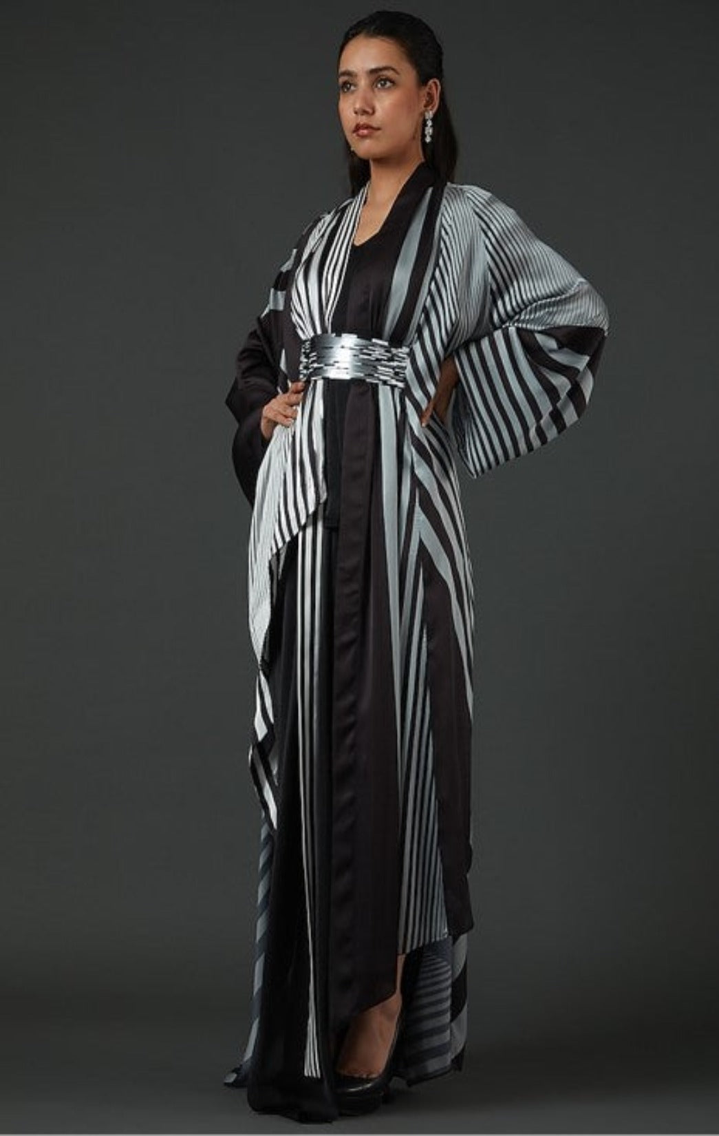 Black Chiffon Striped Cape And Skirt Set