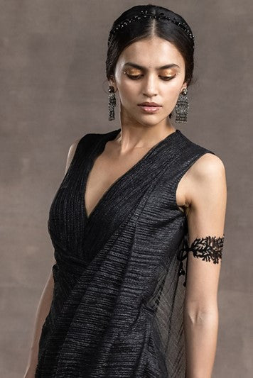 Black Crinkle Tulle & Sheer Draped Dress