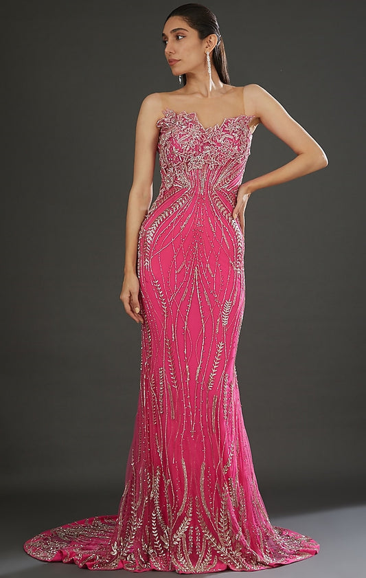 Pink Italian Tulle Hand Embroidered Gown