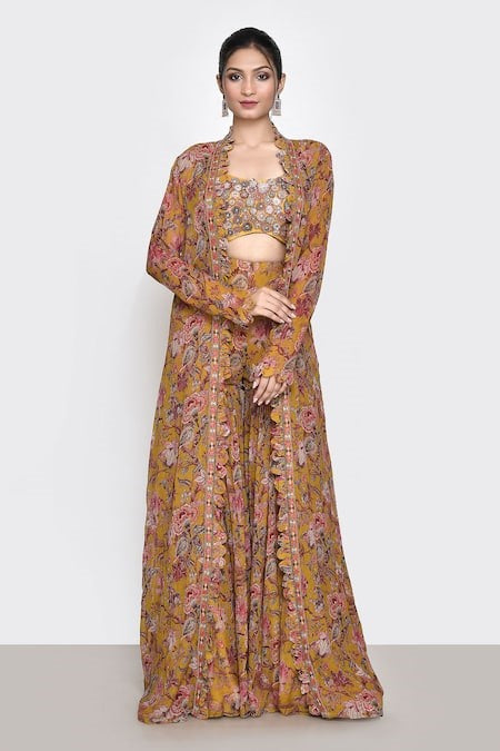 Yellow Printed Floral Blouse Scoop Jacket And Gharara Set