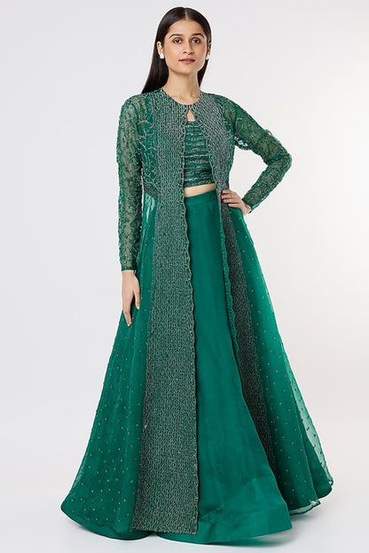 Emerald Green Hand Embroidered Jacket Set