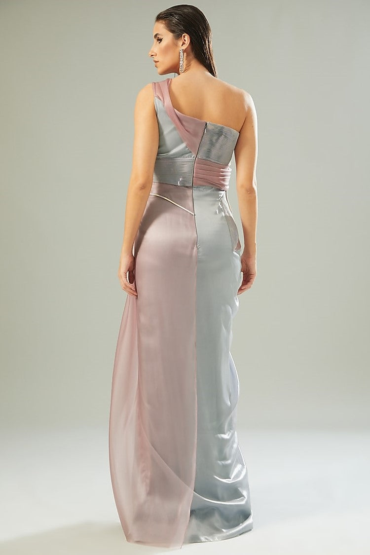 Silver Polymer Metallic & Organza Draped Gown