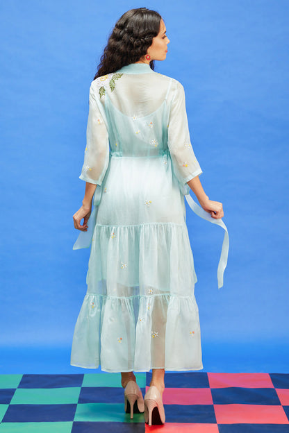 Aqua Blue Organza & Shimmer Georgette Sequins Embroidered Maxi Dress