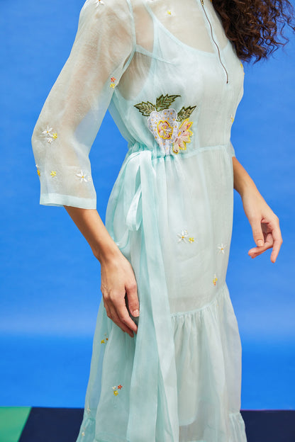 Aqua Blue Organza & Shimmer Georgette Sequins Embroidered Maxi Dress