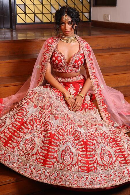 Red Lehenga And Blouse Dupion Silk Filigree Zardosi Bridal Set