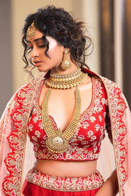 Red Lehenga And Blouse Dupion Silk Filigree Zardosi Bridal Set