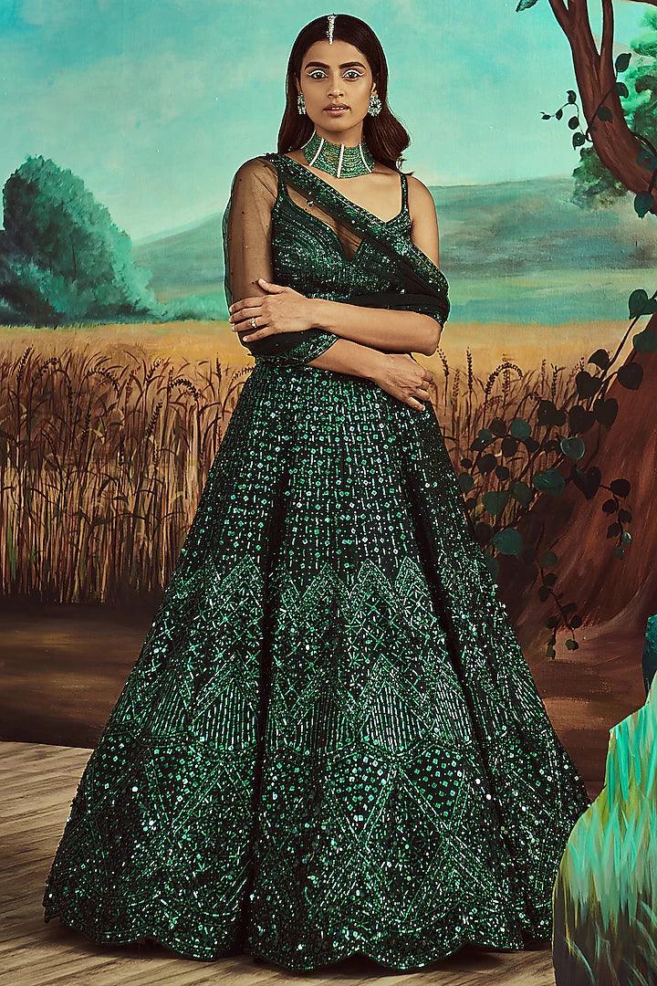 Emerald Green Organza Hand Embroidered Lehenga Set