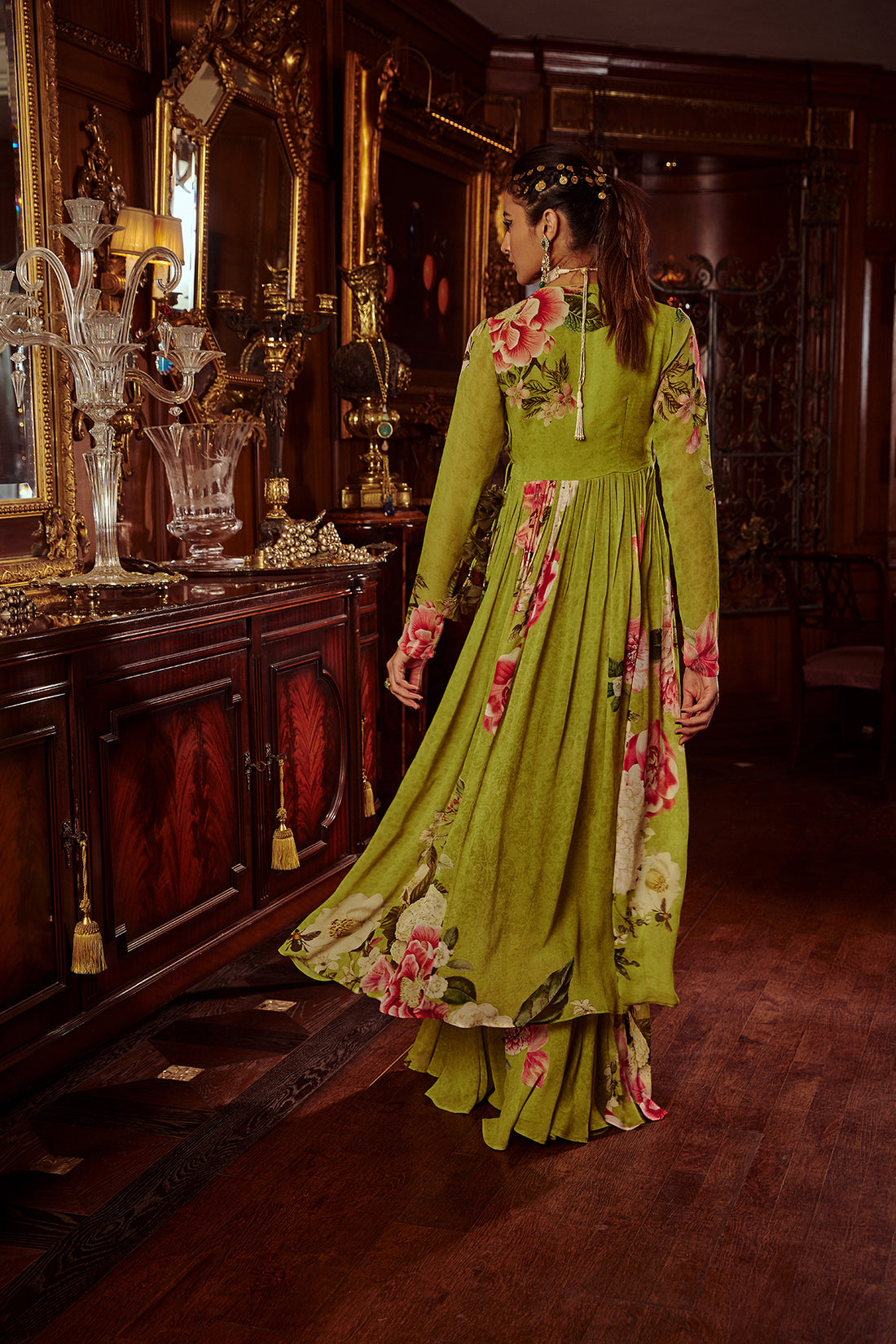 Green Viscose Georgette Hand Painted Mihika Angrakha And Sharara Set