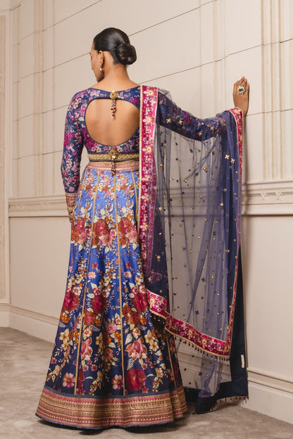 Blue Printed Lehenga with Printed Crop Top and Dupatta