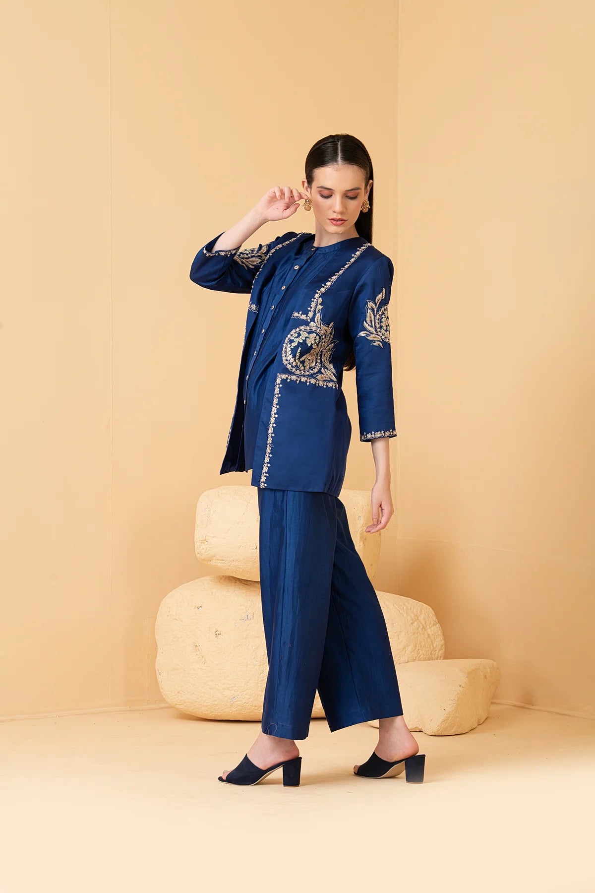 Blue Modal Satin Jacket With Chanderi Sleeveless Top And Chanderi Pants