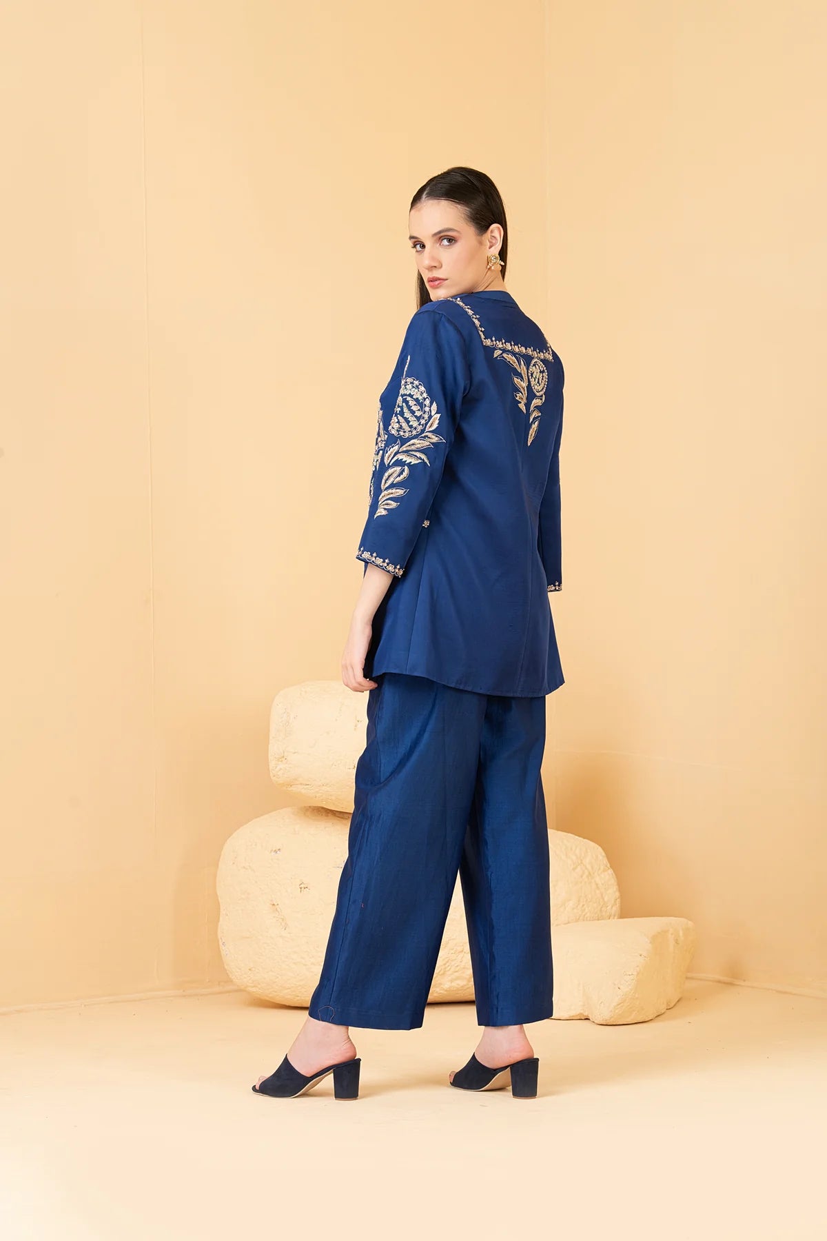 Blue Modal Satin Jacket With Chanderi Sleeveless Top And Chanderi Pants