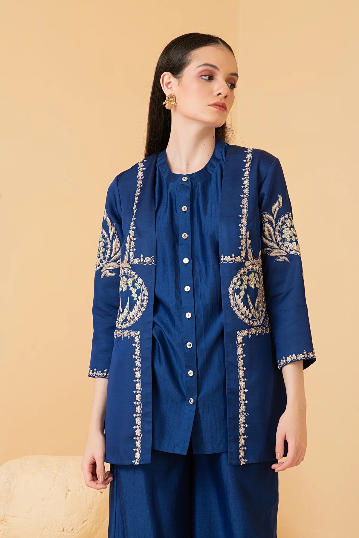 Blue Modal Satin Jacket With Chanderi Sleeveless Top And Chanderi Pants