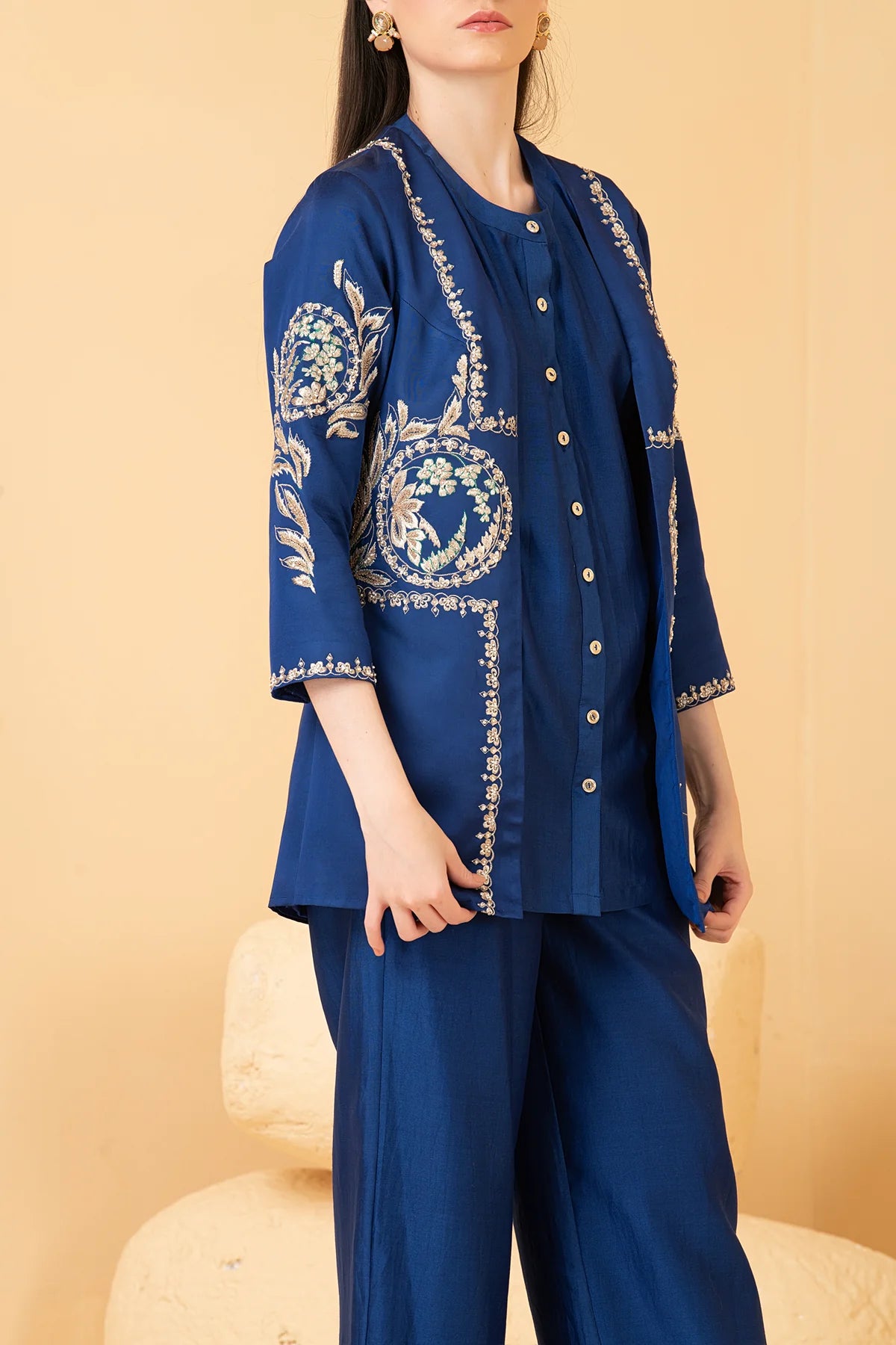 Blue Modal Satin Jacket With Chanderi Sleeveless Top And Chanderi Pants