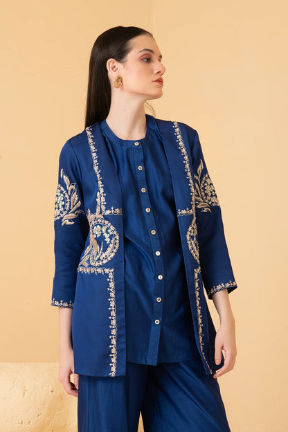 Blue Modal Satin Jacket With Chanderi Sleeveless Top And Chanderi Pants