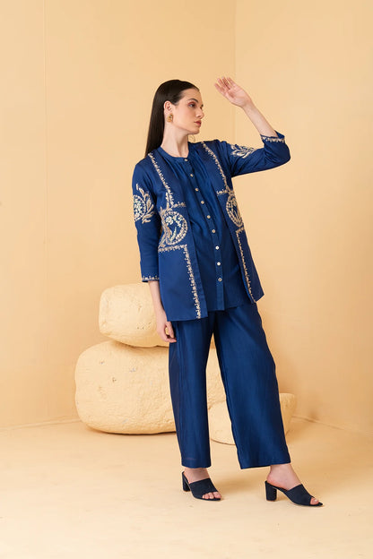 Blue Modal Satin Jacket With Chanderi Sleeveless Top And Chanderi Pants