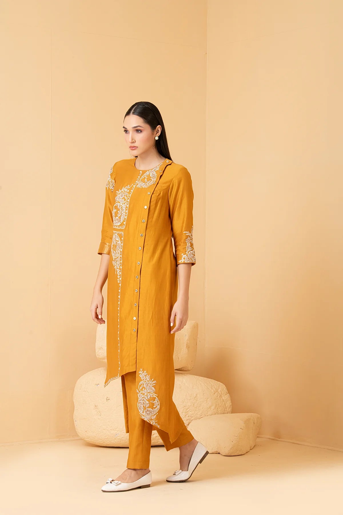 Mustard Chanderi Asymetrical Tunic With Chanderi Pants