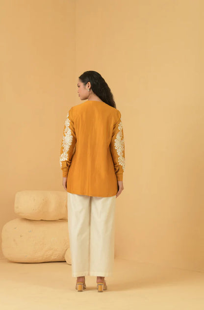 Mustard Chanderi Pleated Top With Off White Chanderi Palazo Pants - The Couture by KJH