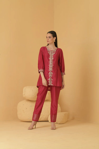 Fuschia Chanderi Long Top With Chanderi Pants