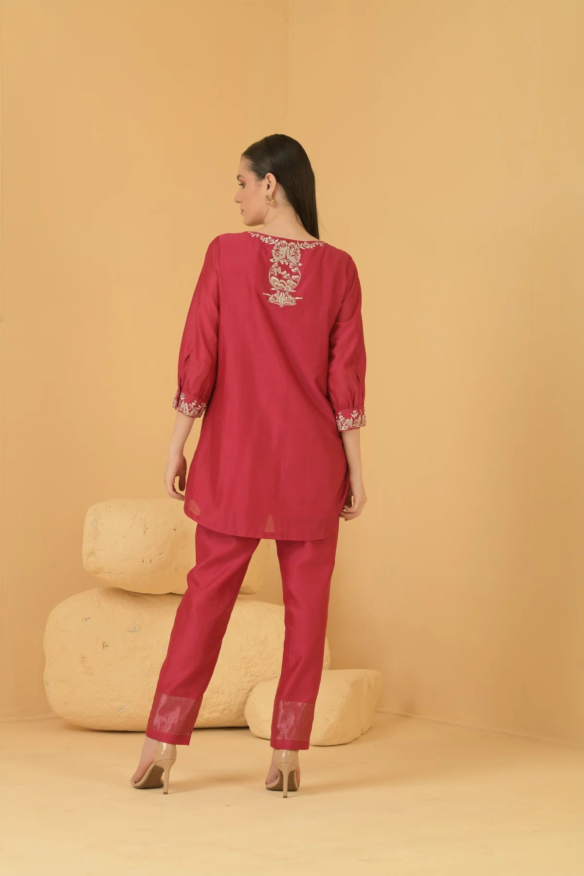 Fuschia Chanderi Long Top With Chanderi Pants