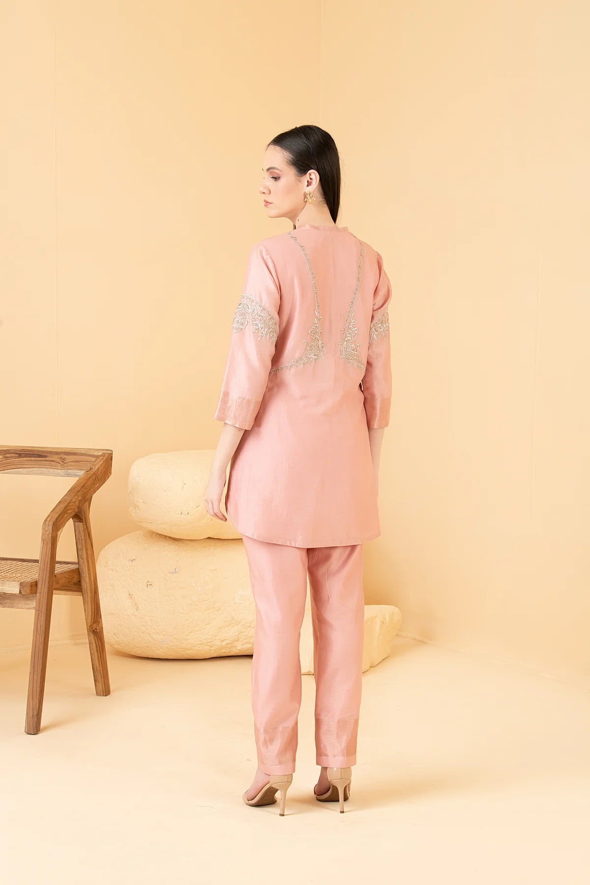 Rosegold Chanderi Asymetrical Top And Pants