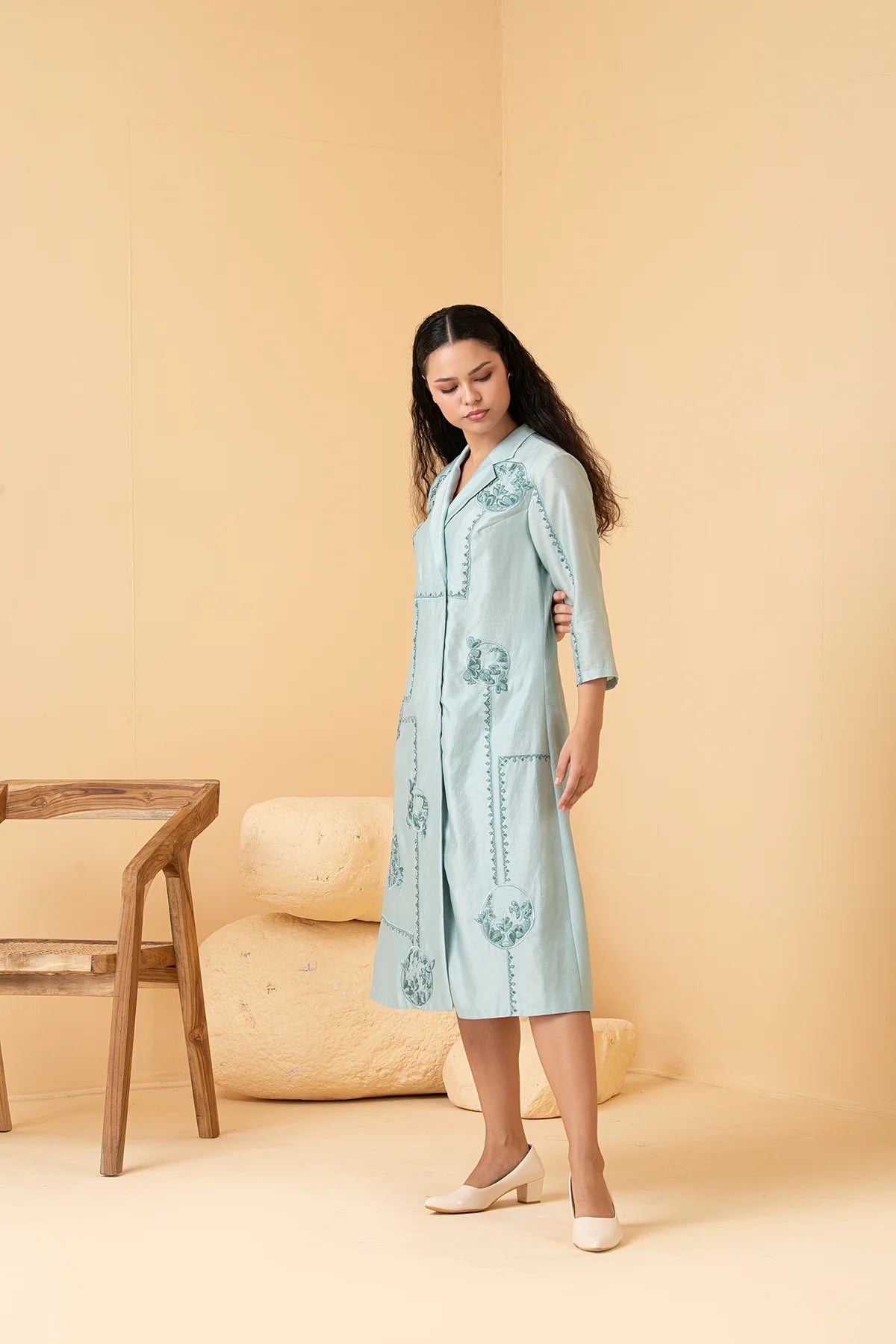 Powder Blue Chanderi Anti Fit Coat Collar Dress