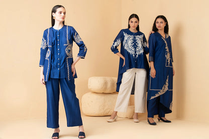 Blue Modal Satin Jacket With Chanderi Sleeveless Top And Chanderi Pants