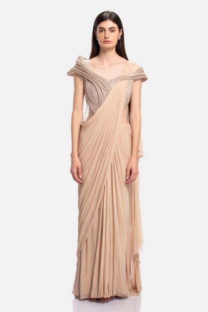 Beige Sequin Pre-draped Saree Gown