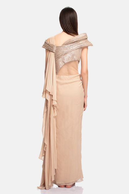 Beige Sequin Pre-draped Saree Gown