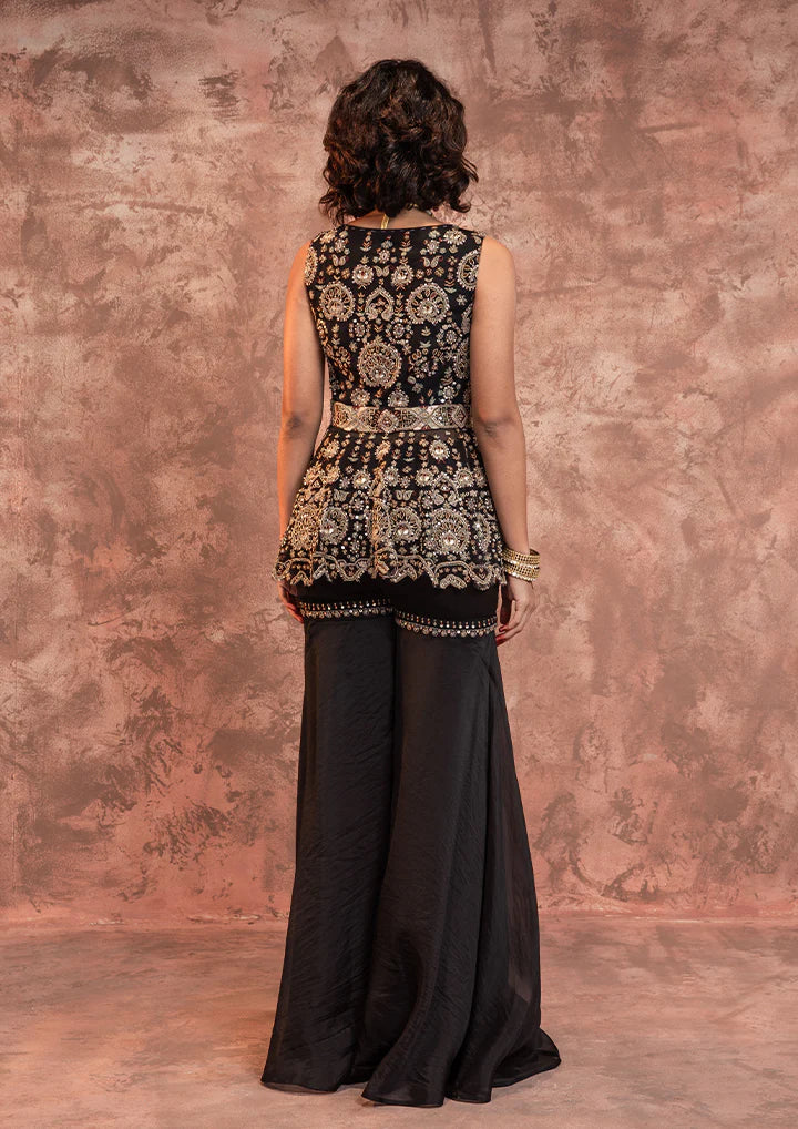 Black Boho Embroidered Peplum Set