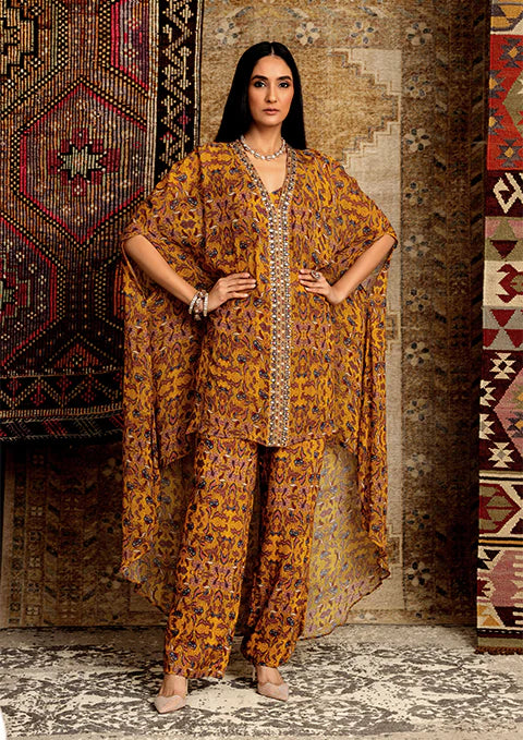 BOHO MUSTARD PRINT HIGH-LOW KAFTAN SET