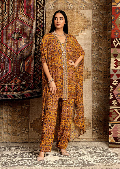 BOHO MUSTARD PRINT HIGH-LOW KAFTAN SET