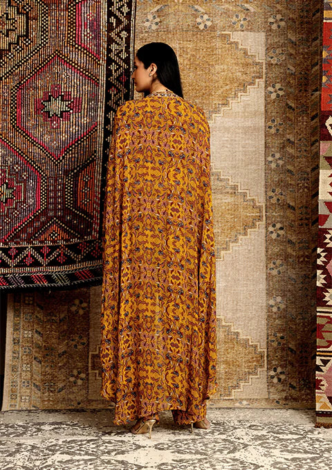 BOHO MUSTARD PRINT HIGH-LOW KAFTAN SET