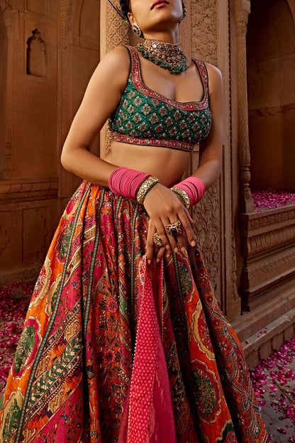 Orange artisanal print lehenga set