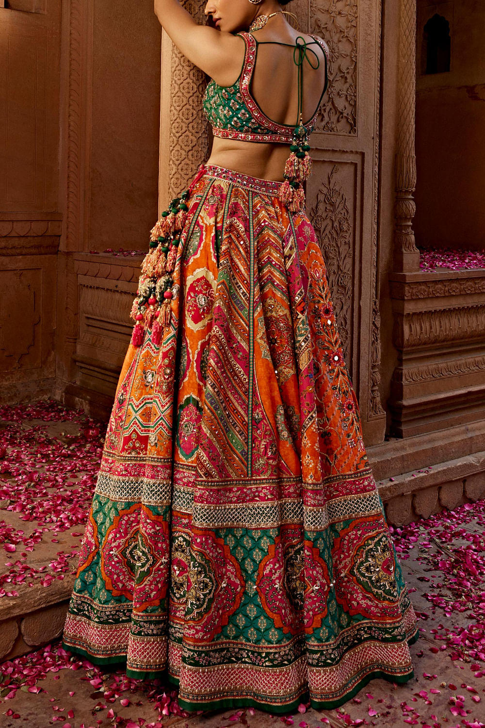 Orange artisanal print lehenga set