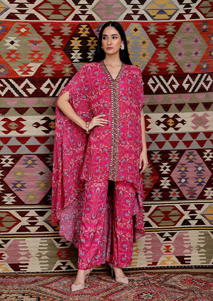 FUCHSIA BOTANICAL FLORAL PRINT HIGH-LOW KAFTAN SET